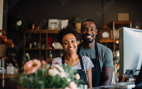 Cheerfull black couple working as a cashiers in the store photo