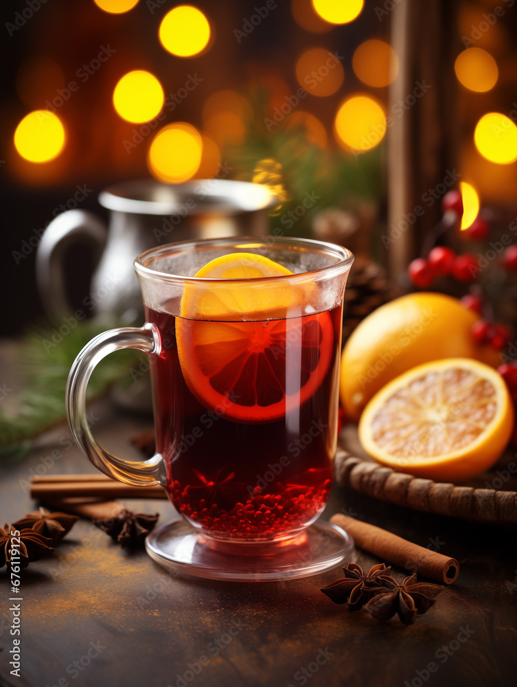 Christmas mulled red wine with aromatic spices and citrus fruits. Christmas background. Generated by AI