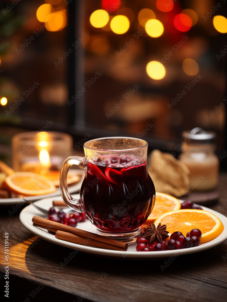 Christmas mulled red wine with aromatic spices and citrus fruits. Christmas background. Generated by AI Christmas mulled red wine with aromatic spices and citrus fruits. Christmas background. Generated by AI
