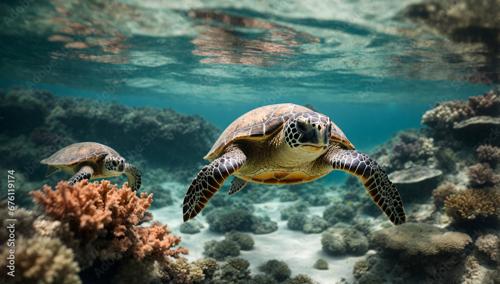 Obraz premium Graceful sea turtles swimming among coral formations - AI Generative