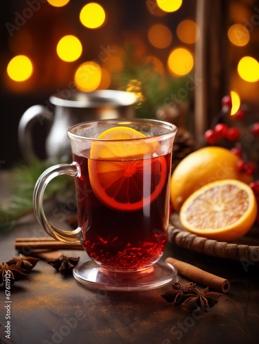 Christmas mulled red wine with aromatic spices and citrus fruits. Christmas background. Generated by AI