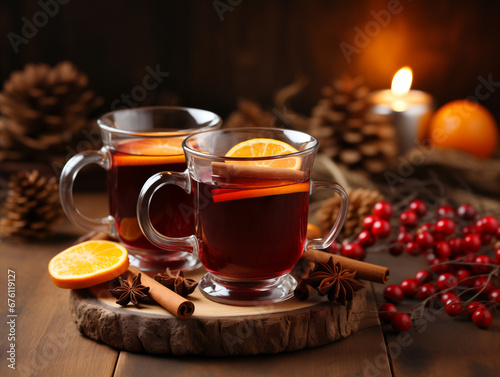 Christmas mulled red wine with aromatic spices and citrus fruits. Christmas background. Generated by AI