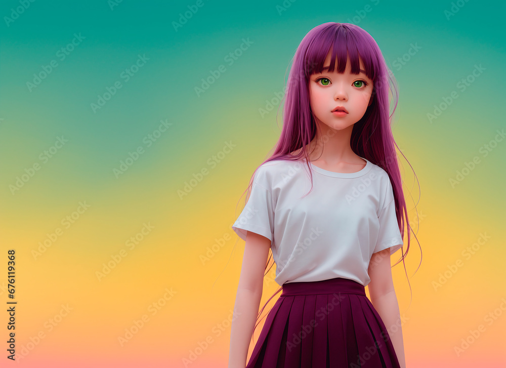 Beautiful little girl with purple hair on colorful background. Stock
