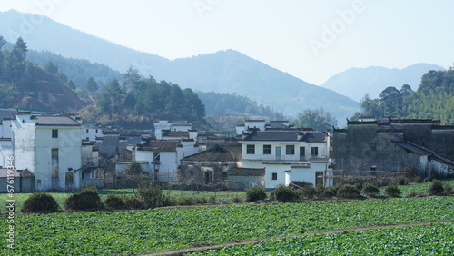 The beautiful countryside view with the old village and mountains on the south of the China