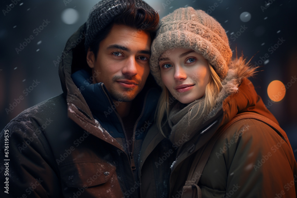 Couple in winter. The magic of spending time together when it's cold and snowy around them. warm each other with their love and create unforgettable memories in the winter. Couple in winter. The magic of spending time together when it's cold and snowy around them. warm each other with their love and create unforgettable memories in the winter.