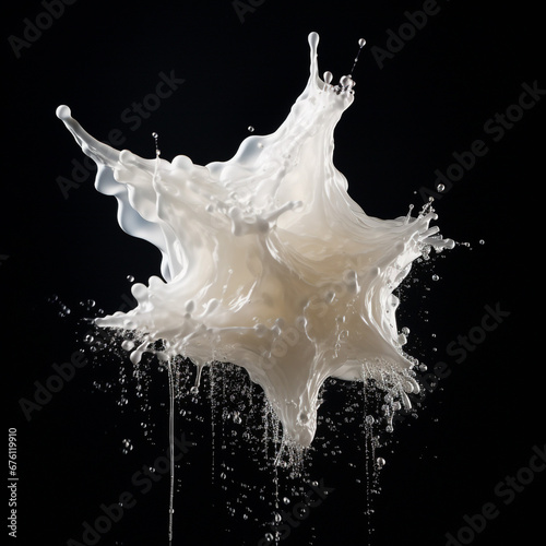Foam splashes create a tiny abstract star suspended on a black background, an unusual image for collages.