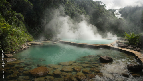 Hidden jungle hot springs with steam rising from the crystal-clear water - AI Generative