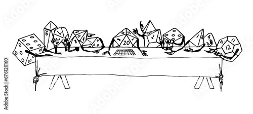 The last supper of a whole set of different dice. 