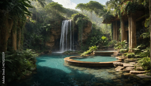 Hidden jungle oasis with a tranquil waterfall and crystal-clear pool - AI Generative