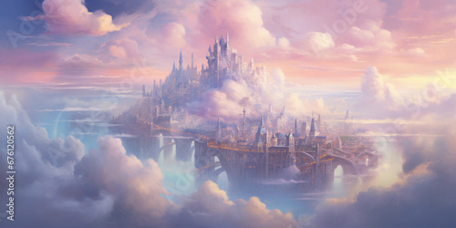 A sky city among the clouds, floating castles, airships, and Pegasus, pastel-colored clouds at twilight, soft, romantic lighting