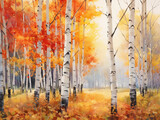 Autumn Birch Forest: A dense forest of slender birch trees, leaves bursting in fiery shades of red, orange, and yellow; painted in watercolors, soft focus, fall atmosphere