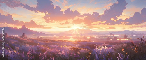 A vibrant field of lavender at sunset, with fragrant blooms aglow, cartoon style art. animation wallpaper. generative AI photo