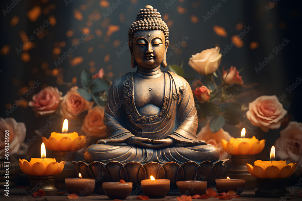 Meditating Buddha statue with lotus flower and burning candles,