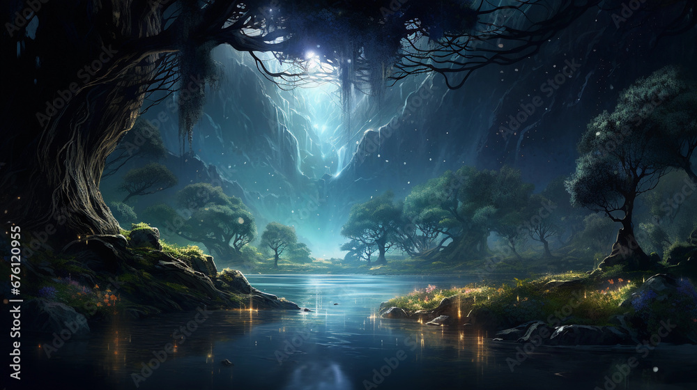 Ethereal landscape, enchanted forest bathed in moonlight, centaur guardian, glowing willow trees, bioluminescent flora, waterfall mist, subtle fireflies, soft ambient lighting