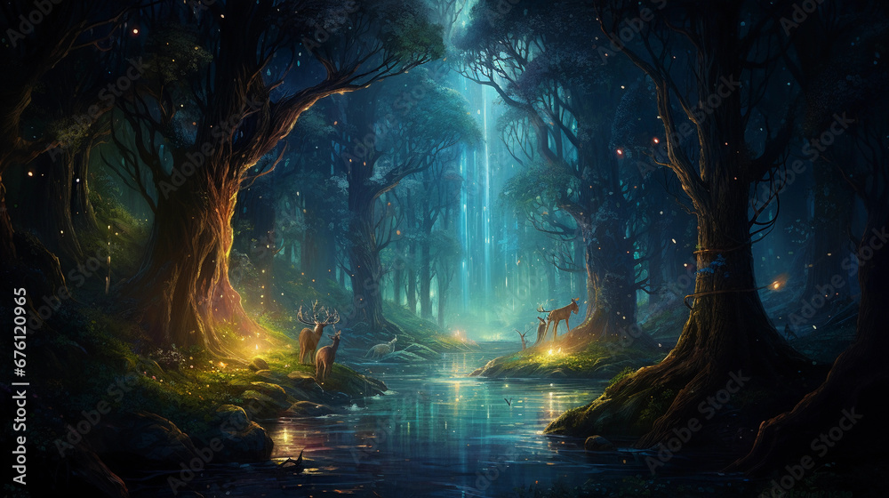 Ethereal landscape, enchanted forest bathed in moonlight, centaur guardian, glowing willow trees, bioluminescent flora, waterfall mist, subtle fireflies, soft ambient lighting