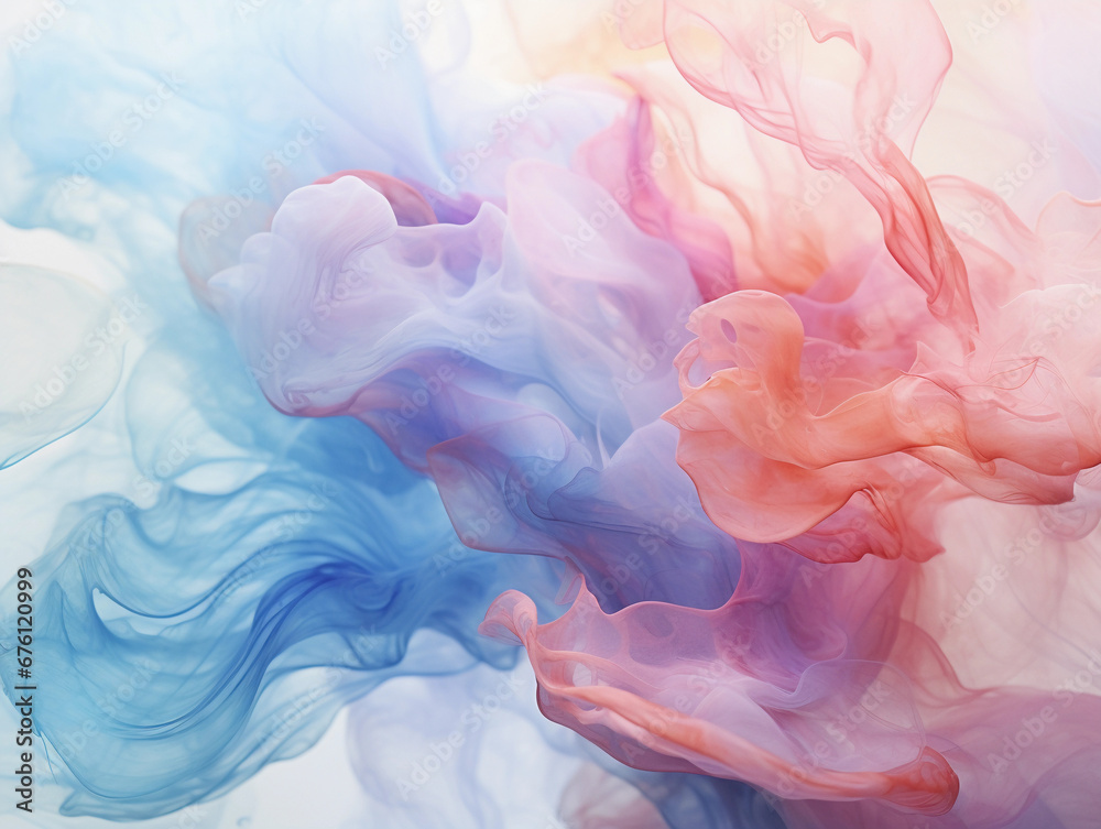 Obraz premium Fluid watercolor swirls of teal, coral, and lavender gracefully merging into one another, soft focus, dream-like atmosphere