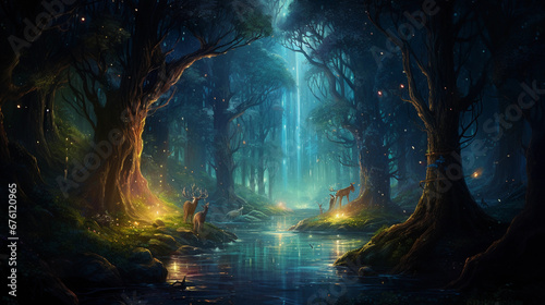 Ethereal landscape, enchanted forest bathed in moonlight, centaur guardian, glowing willow trees, bioluminescent flora, waterfall mist, subtle fireflies, soft ambient lighting © Marco Attano