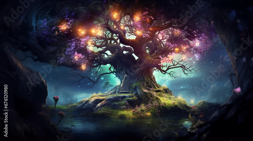 Fantasy Magic Tree: A mysterious, glowing, magical tree with vibrant, bioluminescent fruit and flowers, set in an enchanted forest