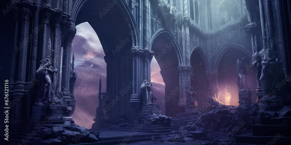 Gothic cathedral ruins, gargoyle statues coming to life, misty full