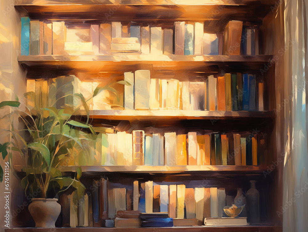 Impressionist bookshelf, thick brush strokes, vibrant hues, oil painting texture, golden light pouring in
