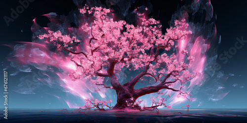 Glitch Art Cherry Blossom: A cherry blossom tree in full bloom, digitally distorted to evoke a sense of surrealism; vibrant pink blossoms, strong contrast photo