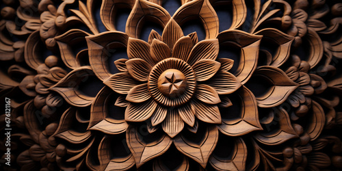 Intricate mandala design carved into wood, depth and shadow, warm earth tones photo