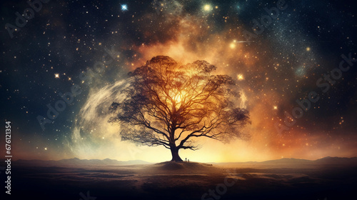 Surrealist Oak Tree: A massive, gnarled oak tree with exaggerated, twisting branches reaching towards the moonlit sky, set against a backdrop of swirling