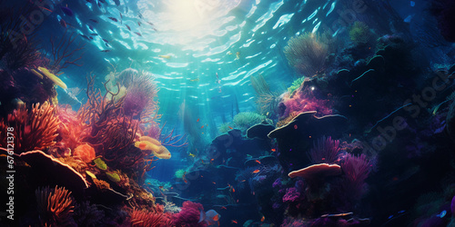 Underwater swimming  psychedelic patterns  coral reef  swirling vortex  dreamlike  mystical  vivid colors