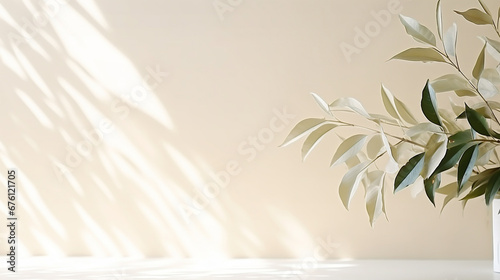 Blurred shadow from leaves plants on the white wall. Minimal background. AI Generative