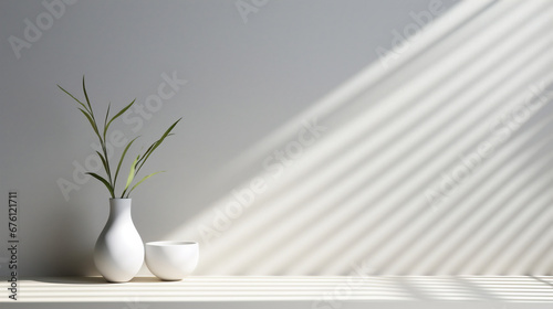 Blurred shadow from leaves plants on the white wall. Minimal background. AI Generative © Rottchoo