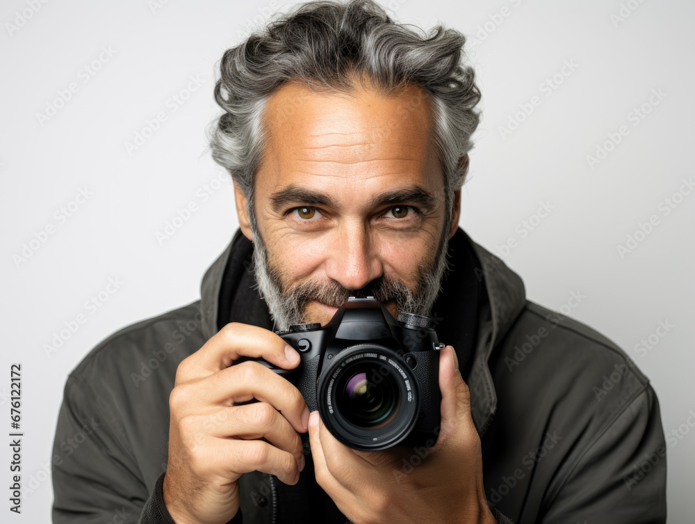 Portrait of Mature Photographer Capturing Image with Camera Indoors Portrait of Mature Photographer Capturing Image with Camera Indoors