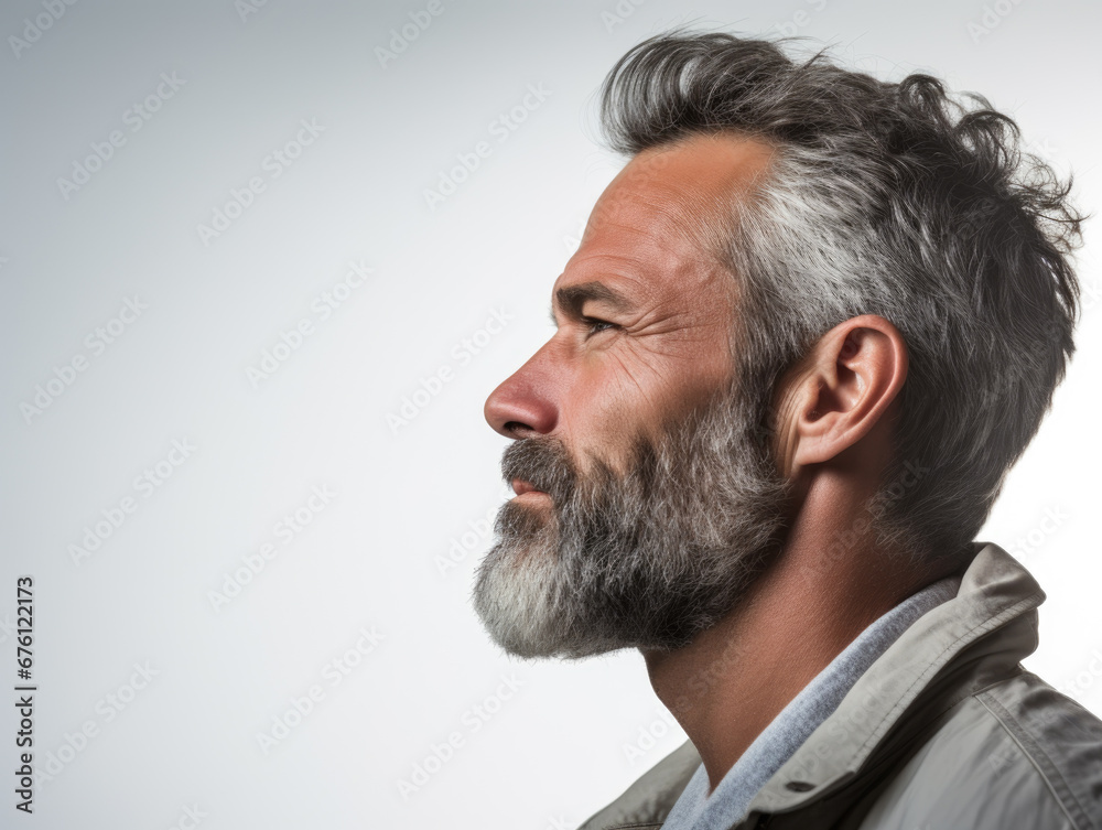 Serious Mature Man with Gray Hair and Beard in Contemplation, Profile View Serious Mature Man with Gray Hair and Beard in Contemplation, Profile View
