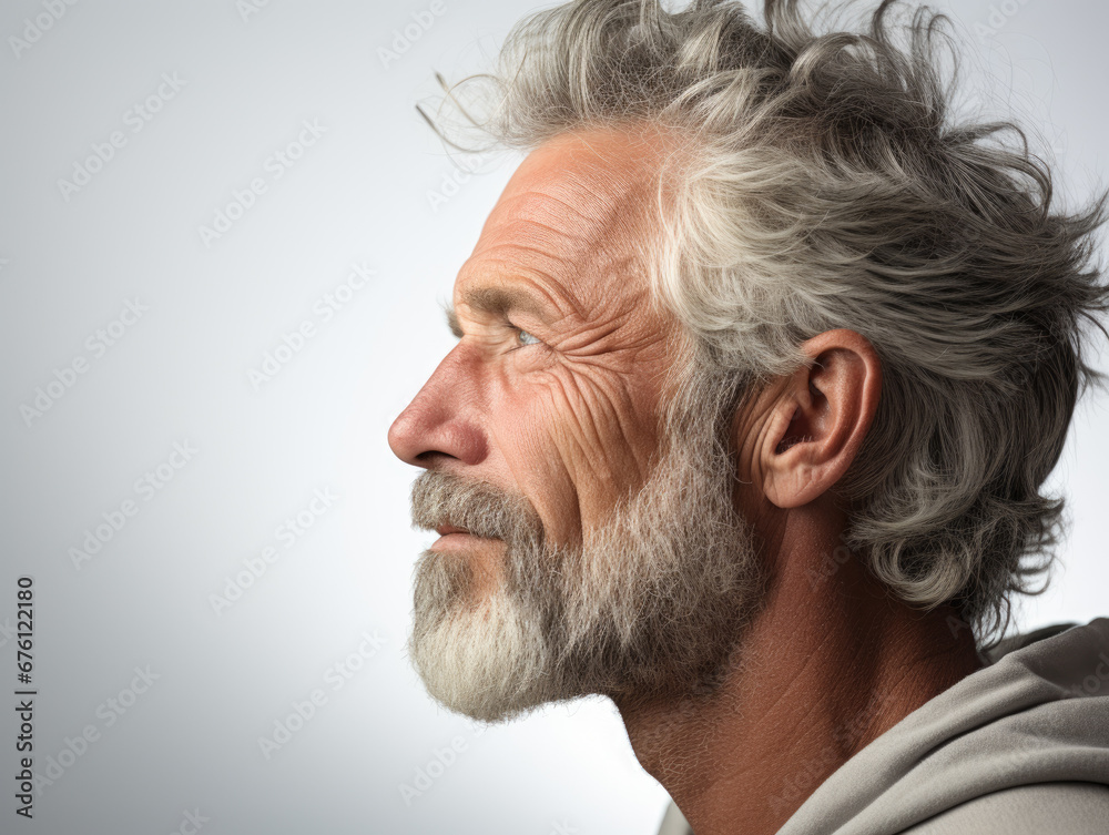 Serious Mature Man with Gray Hair and Beard in Contemplation, Profile View Serious Mature Man with Gray Hair and Beard in Contemplation, Profile View