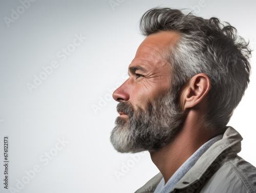 Serious Mature Man with Gray Hair and Beard in Contemplation, Profile View