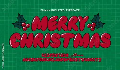 Red Glossy Balloon Font. Funny Typeset in Y2k 3d Style. Vector Cherry Bubble Gum Alphabet. Cute Letters Merry Christmas Aesthetic