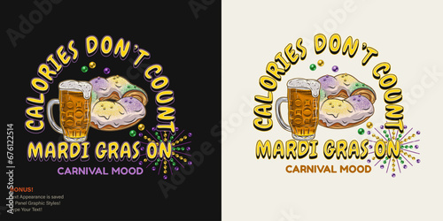 Carnival fun Mardi Gras label with full glass of beer, traditional king cake, text. For prints, clothing, t shirt, surface design. Vintage illustration with editable font style. Not AI