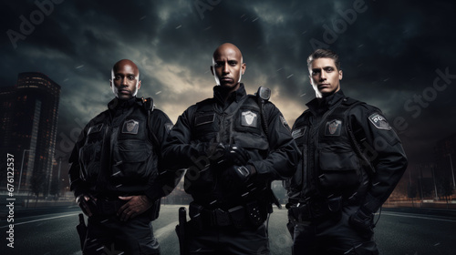 Three multiracial police officers looking like super heroes