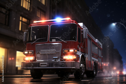 Fire truck with strobes on driving on dark city street