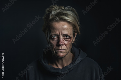 Beaten up middle aged woman, victim of domestic violence