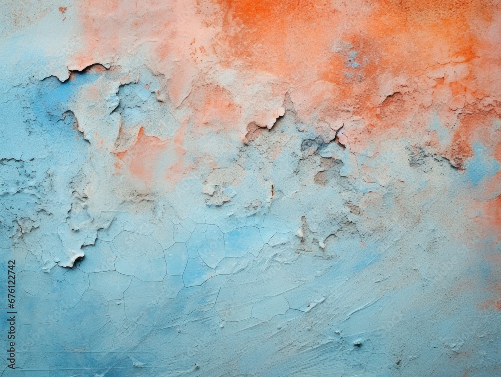 A wall with cracked paint. Background. Blue and orange color.