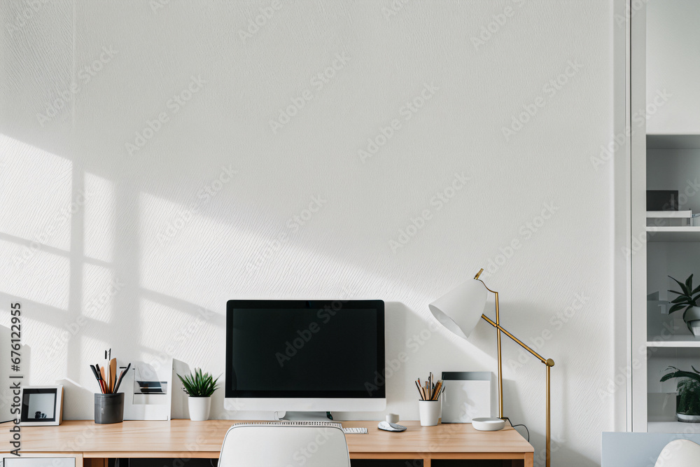 Office workspace interior frame mockup with desk and laptop Office workspace interior frame mockup with desk and laptop