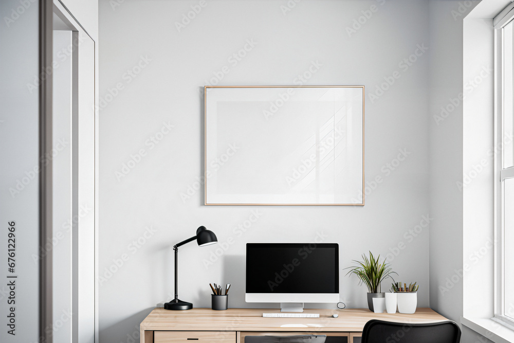 Office workspace interior frame mockup with desk and laptop Office workspace interior frame mockup with desk and laptop