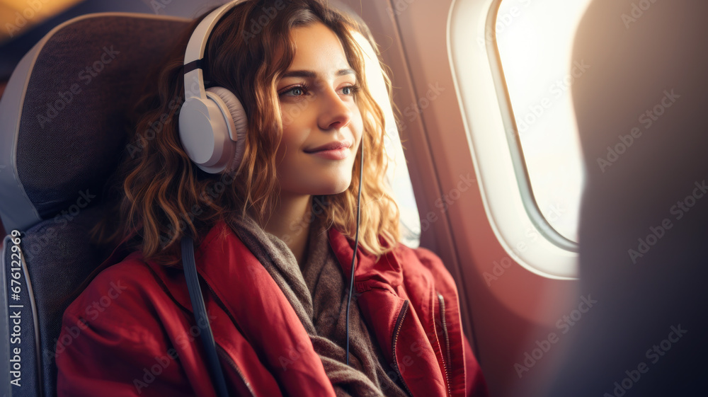 Fototapeta premium Adult girl listens to music sitting in flying plane, young woman uses mobile phone and headphones inside airplane. Concept of travel, flight, playlist, song, technology, passenger