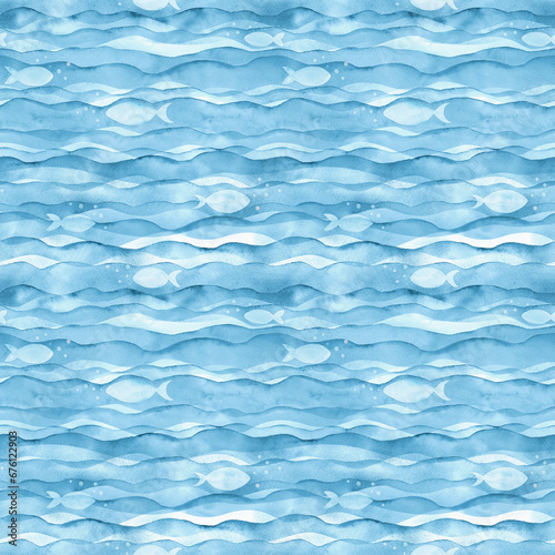 Abstract watercolor transparent teal blue colored wave seamless pattern