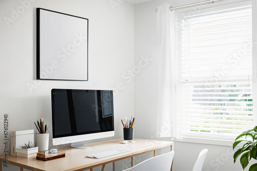 Office workspace interior frame mockup with desk and laptop