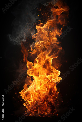 Fire flame and smoke of campfire isolated on black background, vertical view of abstract burning pattern at night. Concept of texture, nature, bonfire