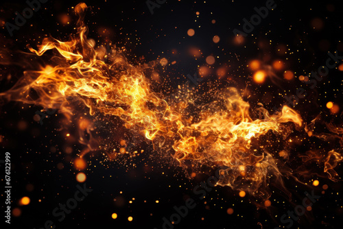 Fire flame and sparks at night, abstract burning pattern isolated on black background. Concept of texture, nature, fireplace, smoke