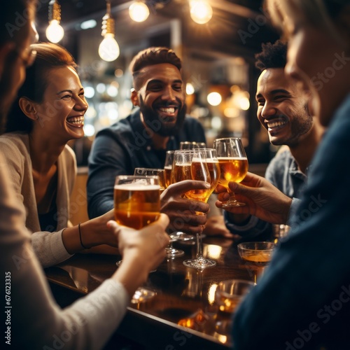 Brewery Banter Bliss: Group of Friends Savoring Beers, Reveling in Happy Hour at Pub Restaurant