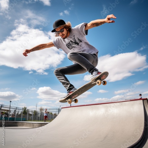 Aerial Artistry: Stylish Skaterboy Executes a Kickflip on the Ramp in the Thrills of Skate Park Action © Marcos