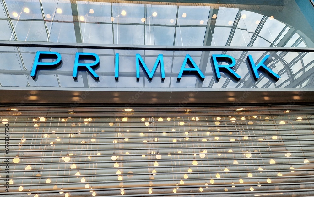 Poznan, Poland November 9, 2023 The Primark logo above the entrance to its store in the city